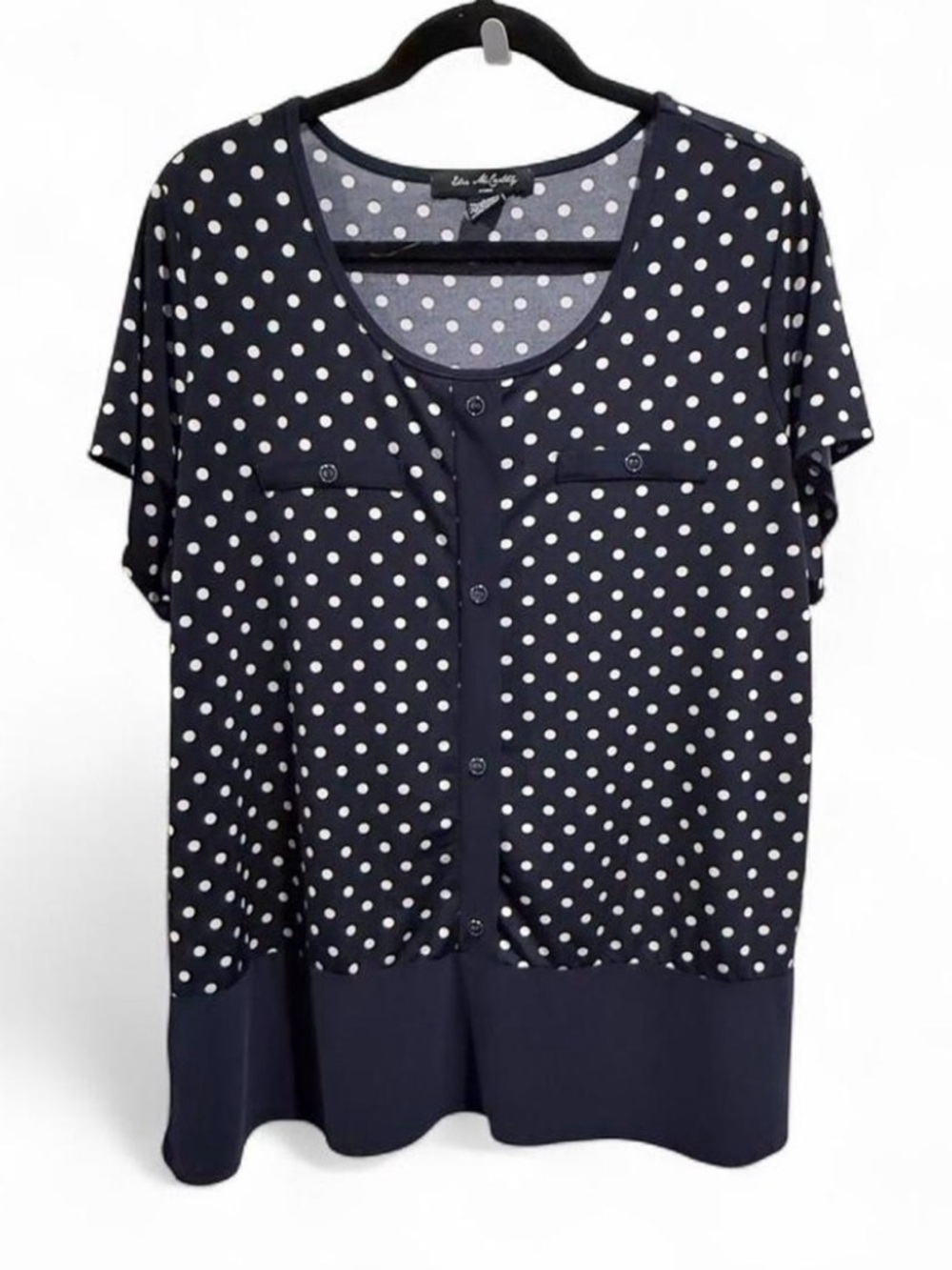 Elie McCarthy Navy Polka Dot Short Sleeve Button Front Top
